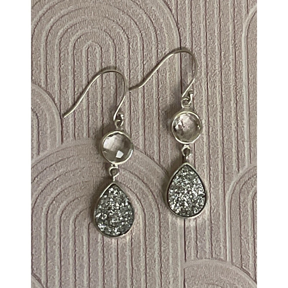 Elegant Sterling Silver Dangle Earrings with Faceted Druzy Quartz